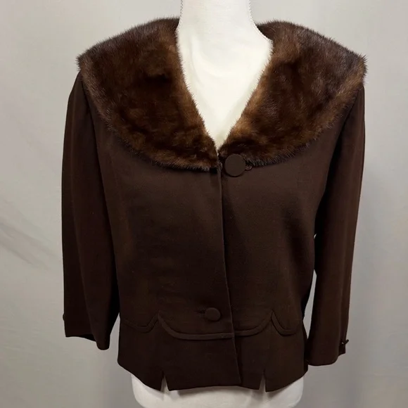 Handmade Mink Vintage Elegant Brown Fur-Trimmed Women's Overcoat Size Small